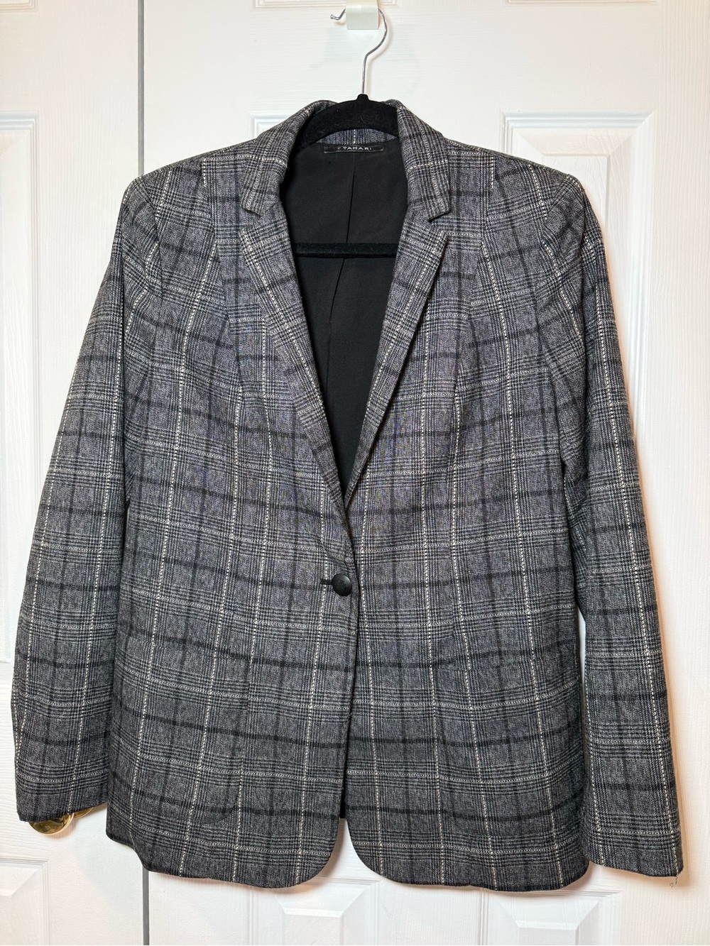 T Tahari Gray Plaid Single-Button Blazer